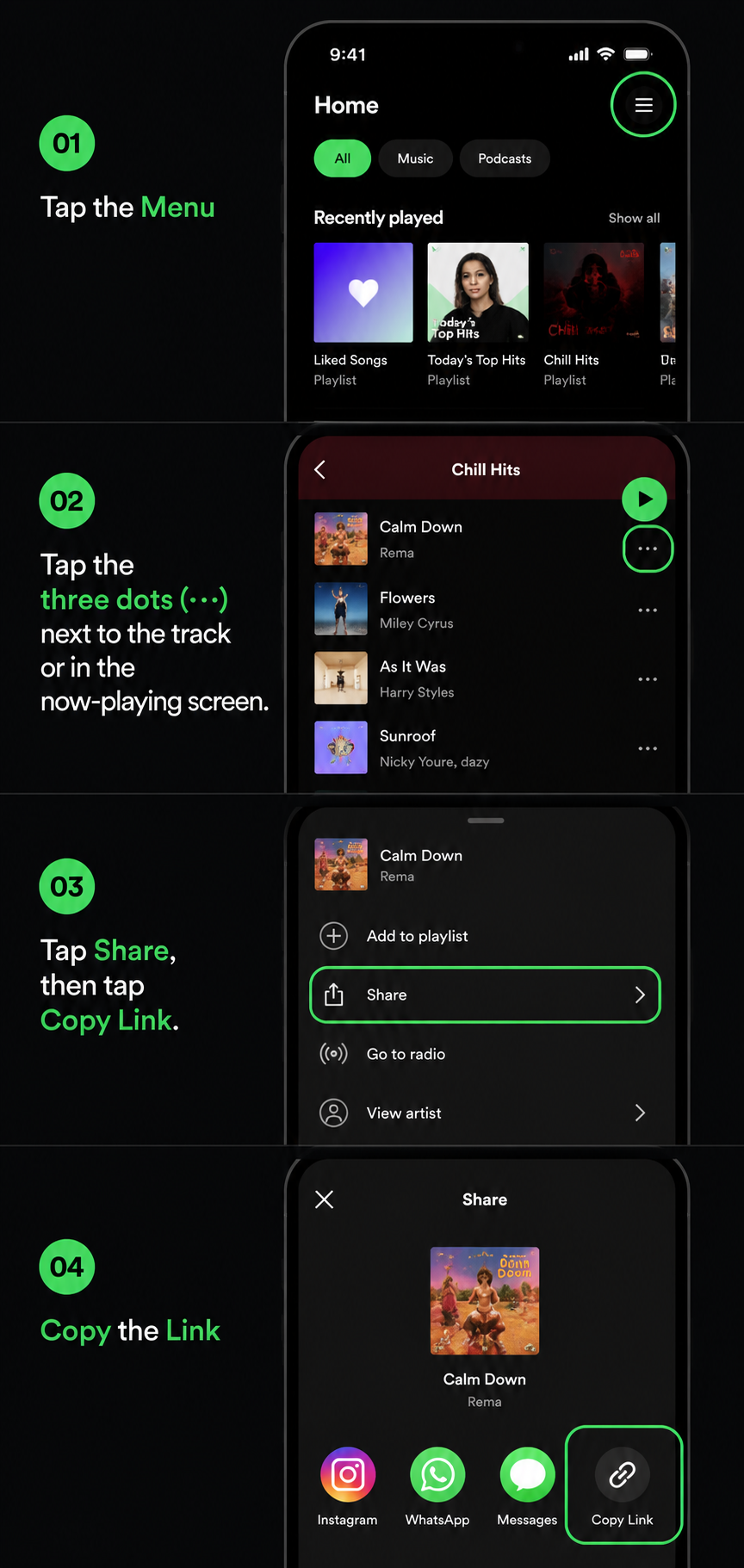 How to copy Spotify track link on mobile iPhone Android — share menu showing Copy Link option