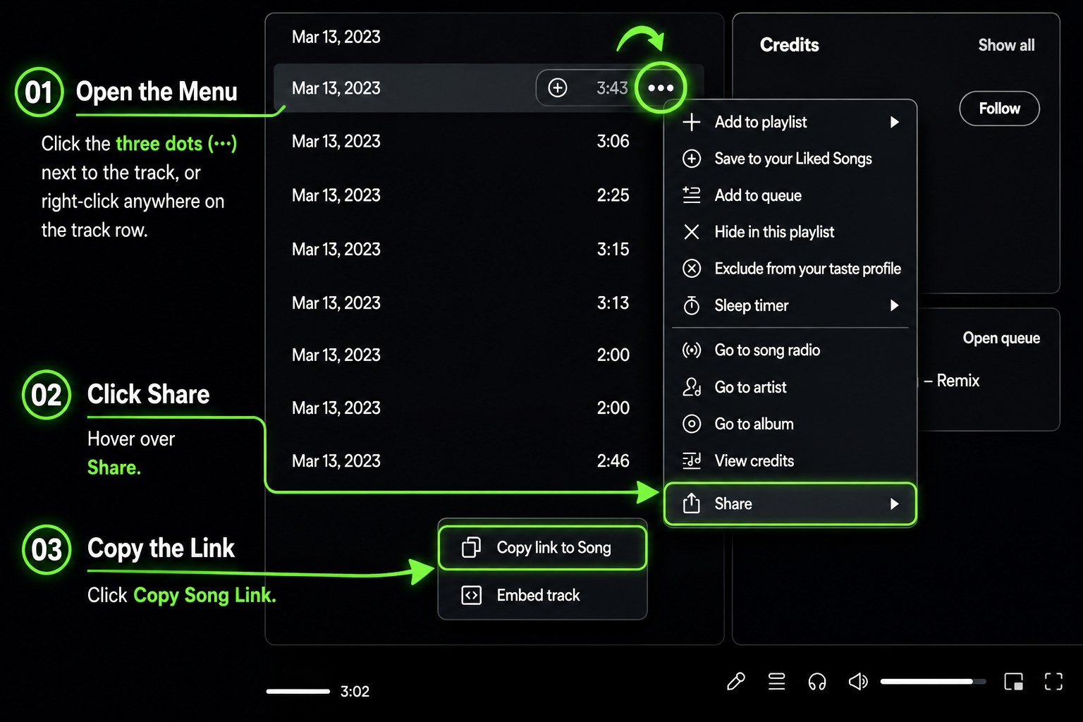 How to copy Spotify track link on desktop — three dots menu showing Share and Copy Song Link options